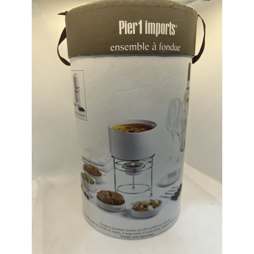 Pier 1 Fondue Set White Stoneware Stacks for Storage 4 Bowls 8 Fork